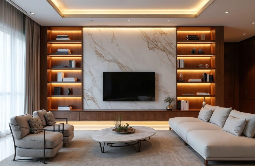 Luxuriöses Wohnzimmer mit Marmorwand und integrierter LED-Beleuchtung, moderne Unterhaltungsanlage. Regale aus Walnussholz präsentieren Bücher und Dekoration.