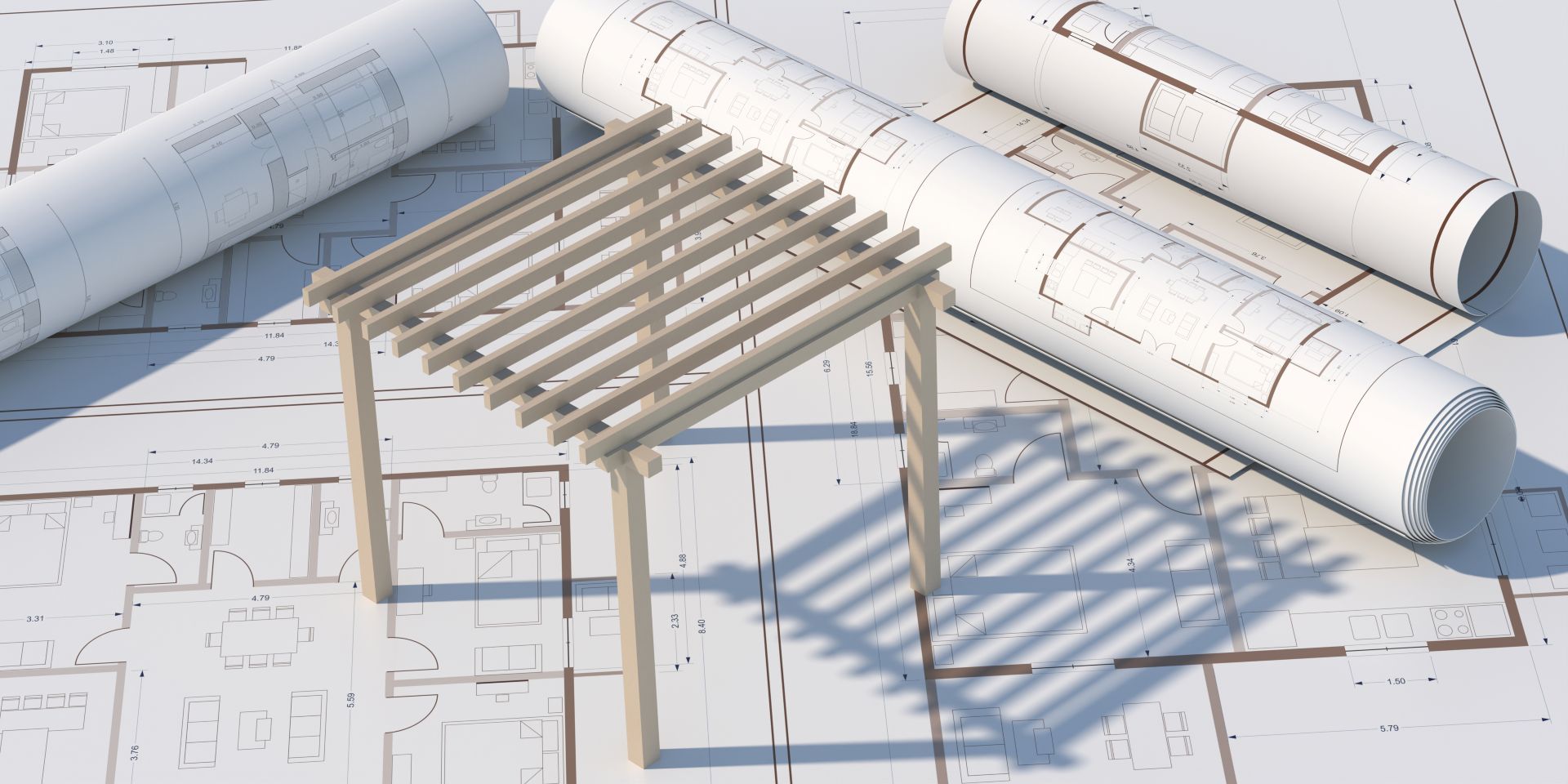 Bauzeichnungen und 3D-Modell einer maßgeschneiderten Terrassenüberdachung auf Architektenplänen